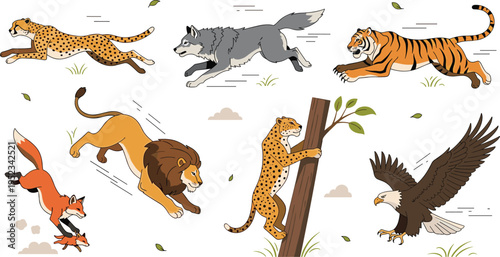 Running and Hunting Wild Animals Collection Featuring Lion, Tiger, Wolf, Fox, Leopard, Eagle in Action Poses for Wildlife Illustration and Nature Design Projects.