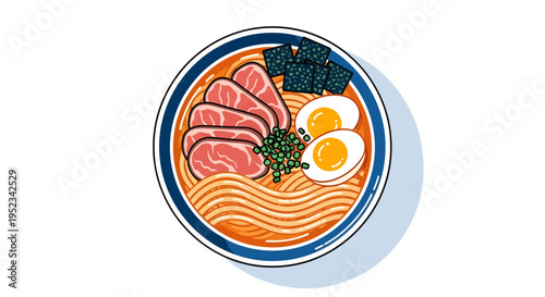 Delicious Ramen Bowl with Sliced Pork and Soft Boiled Eggs.