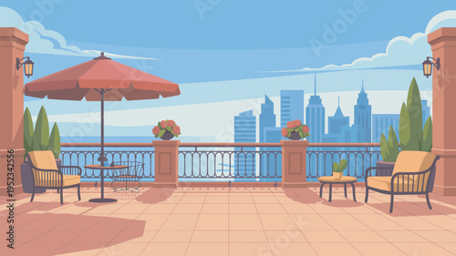 A serene rooftop patio with a stunning city skyline view and comfortable outdoor seating area