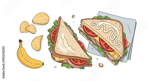Deliciously Illustrated Sandwiches with Banana and Chips.