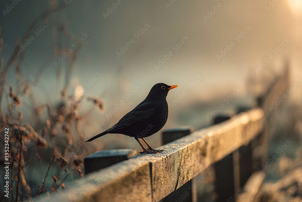 Fototapeta premium blackbird on a fence