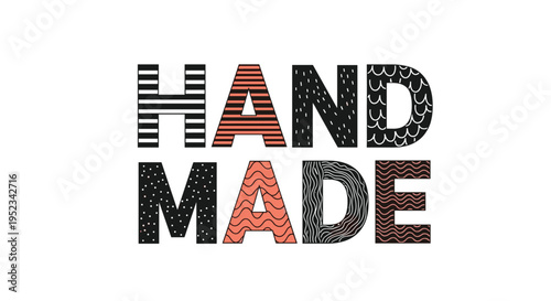 Handmade text design using various patterns inside letters like stripes and dots for a creative craft or diy branding concept illustration.