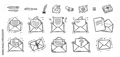 Clean icons for envelopes and inboxes with notification badges. Simple outlined icons representing email envelopes and inboxes with visual notification badges for app user interface design