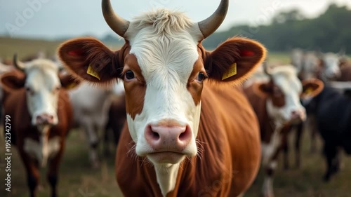 Cow with horns and yellow ear tags looking at camera, herd of cattle grazing on pasture in background, farm field, concept of agriculture