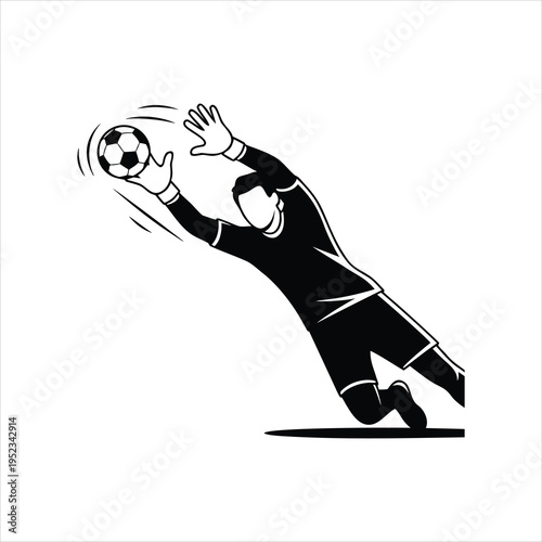 Goalkeeper Diving for Soccer Ball - Simple Vector Icon Black and White