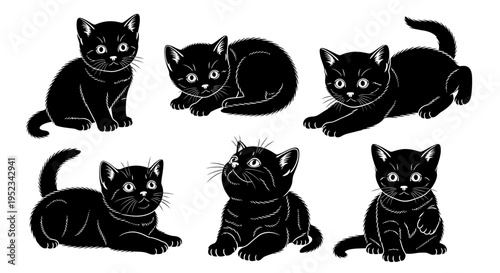 Set of Adorable Black Kittens Poses, Cute Playful Cats Collection