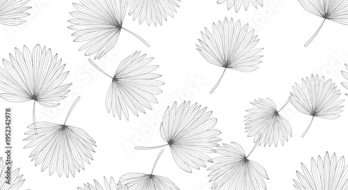Seamless pattern of hand-drawn fan palm leaves in light grey line art scattered on a clean white background for a subtle wallpaper design.