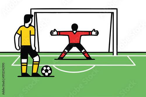 Soccer penalty kick scene with goalkeeper and striker, football player taking shot at goal vector illustration