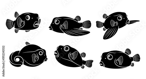 Set of Black and White Cartoon Pufferfish Illustrations