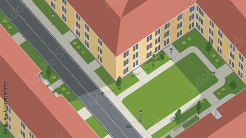 An aerial view of a modern apartment complex with a green courtyard and paved walkways