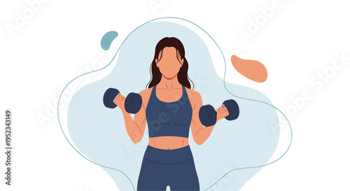Athletic woman in sportswear performing a bicep curl exercise with dumbbells against an abstract light blue background shape for fitness.
