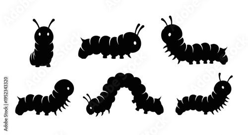 Set of Black Caterpillar Silhouettes on White Background, Various Poses