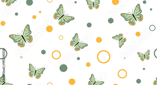 Seamless pattern with light green butterflies and colorful yellow and green circles on a white background for nursery textile designs.