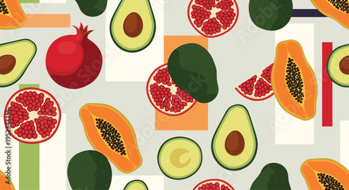Seamless fruit pattern featuring slices of ripe papaya, creamy avocado halves, and pomegranate fruit sections on a grey background for art.