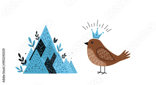 Whimsical illustration of a small brown bird wearing a blue crown standing next to a stylized blue mountain with leaves for children art.