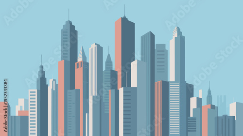 A vibrant cityscape with modern skyscrapers and high-rise buildings against a clear blue sky