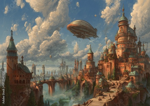 Fantasy city painted in detail, a blimp floats overhead, architectural marvel set against fluffy clouds