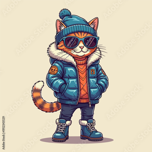 Cool Cartoon Ginger Cat Wearing Blue Winter Puffer Jacket and Sunglasses Illustration