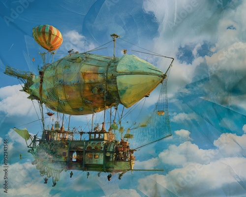 Fantasy illustration of a weathered airship with a hot air balloon, floating amongst vibrant clouds and translucent shapes