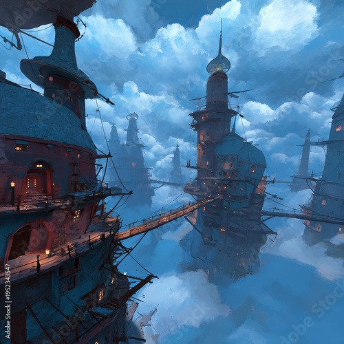 Fantasy cityscape floating amidst fluffy clouds, connected by walkways, with towers and atmospheric lighting