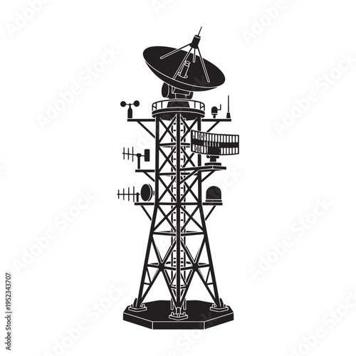 Communication tower with satellite dish and various antennas vector illustration on transparent background
