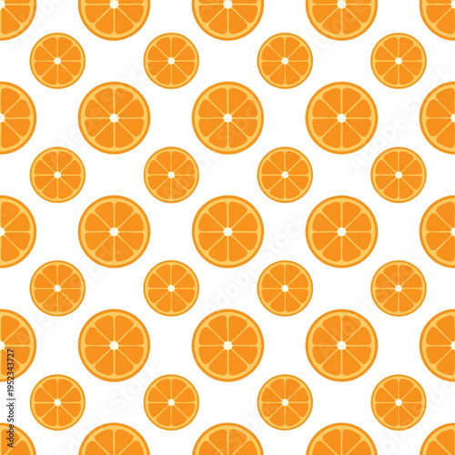 Bright orange citrus slices form a repeating pattern on a white background