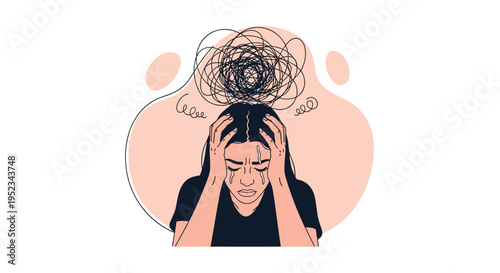 Woman holding her head in distress with a chaotic scribble above her head symbolizing anxiety, stress, or mental health issues.