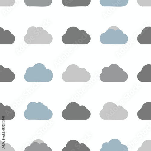 A repeating pattern of fluffy clouds in gray and blue on a white background