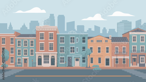 A colorful illustration of a row of buildings in a city with a skyline in the background