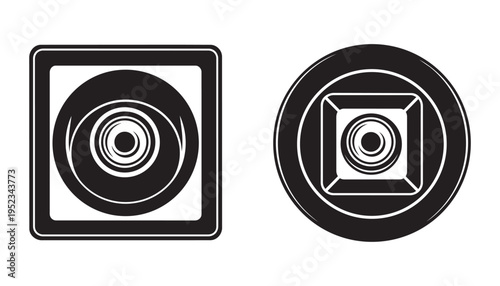Square and round speakers with concentric circle designs vector illustration on transparent background