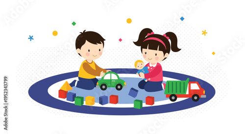 Cute little boy and girl playing together with colorful toy cars, trucks, and building blocks on a round blue playroom rug.