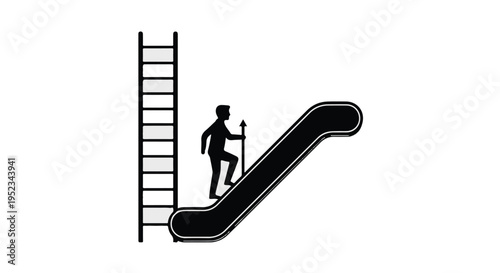 Person with walking stick ascends an escalator next to a tall vertical ladder.