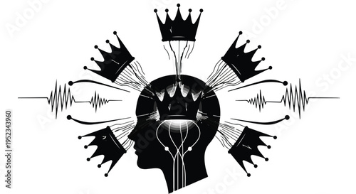 Human head silhouette connects to multiple crowns via abstract electrical wiring.