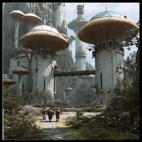 Futuristic city nestled in a mountainous landscape, with unique, mushroom-shaped structures and pathways. People explore