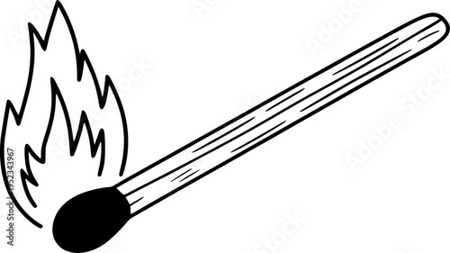 Hand Drawn Burning Matchstick with Flames White Background fire ignition