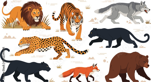 Tablou pe pânză Wild Animal Collection Featuring Lion, Tiger, Wolf, Leopard, Panther, Fox, and Bear in Flat Vector Style for Wildlife Illustration and Nature Design Projects