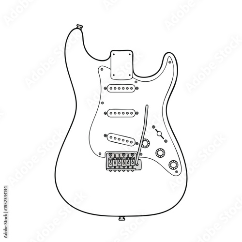 Line drawing of a white electric guitar body with pickguard and bridge