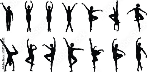 Set of ballet dancer silhouettes, rhythmic gymnastics poses, classical dance icons, graceful athlete figures, artistic performance vector illustrations, elegant gymnastic movements, isolated.