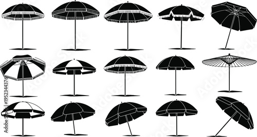 Set of beach umbrella silhouettes in various angles and designs, sunshade parasol icons for summer vacation travel, tropical coastal lifestyle vector graphicsSet of beach  
