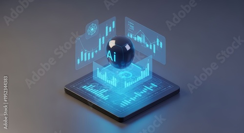 Futuristic glowing tech concept with a central sphere, surrounded by data displays and a data-pad base, showing AI