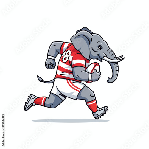 Cartoon elephant in rugby uniform running with a ball