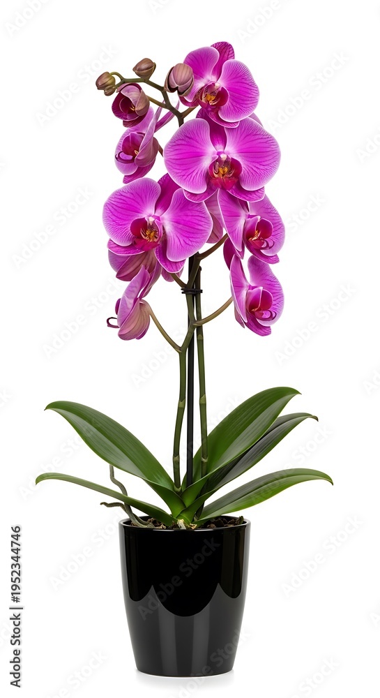 Naklejka premium Blooming purple orchid plant in glossy black container