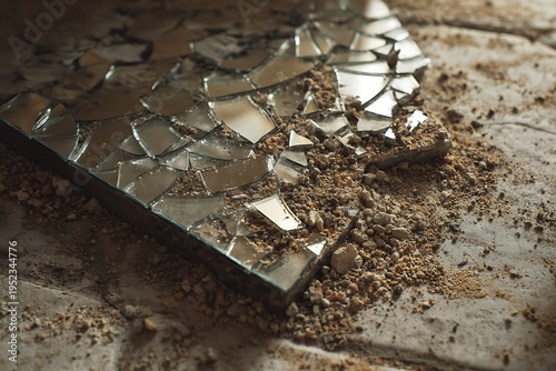 broken mirror on dusty floor