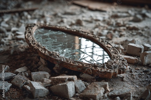 broken mirror on dusty floor