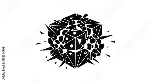 Abstract geometric cube explodes into sharp shards and internal dice shapes.