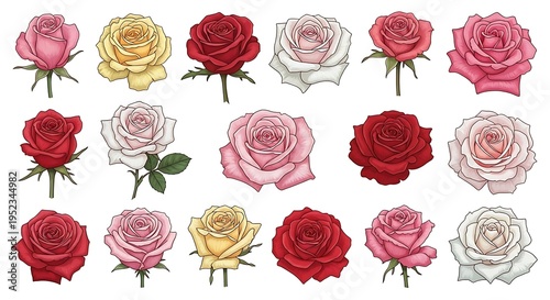Multiple rose flowers in different shades arranged individually