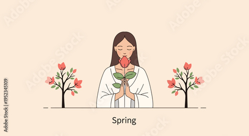 Woman smelling rose flower with spring trees and gentle atmosphere, serene illustration