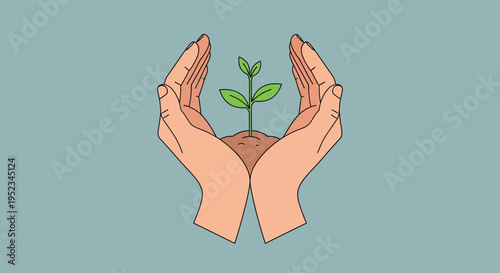 Hands cupping soil with a young green seedling growing, symbolizing growth, care, and environmental protection