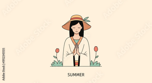 Flat design illustration of woman in summer hat holding flowers in garden during sunny season