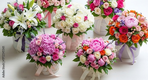 Variety of colorful floral arrangements including roses, peonies, and lilies in white, pink